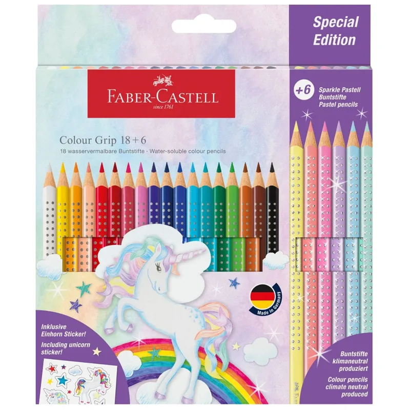 Σετ ξυλομπογιές Faber-Castell Colour Grip 18+6 Sparkle Pastell - Unicorn (24 τμχ.)