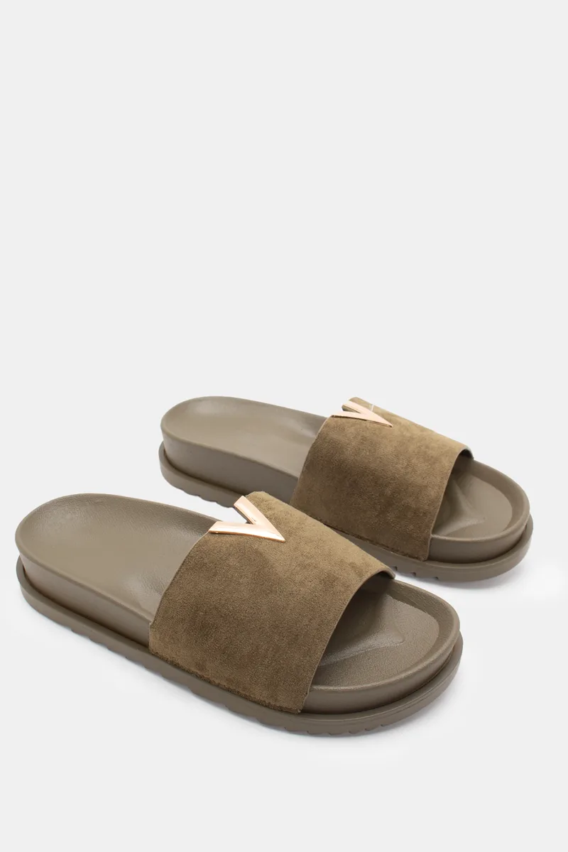 Flatform Σανδάλια με Μεταλλική Λεπτομέρεια V - Χακί