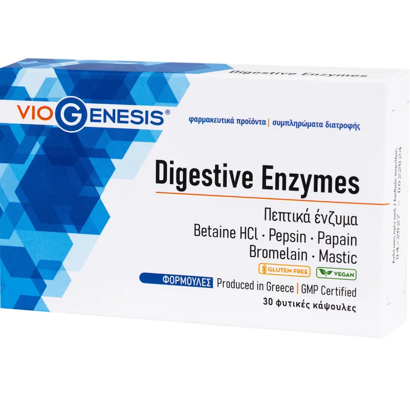 Viogenesis Digestive Enzymes Συμπλήρωμα Διατροφής Φόρμουλας Πεπτικών Ενζύμων για Βελτιστοποίηση & Διευκόλυνση της Πεπτικής Διαδικασίας 30veg.caps