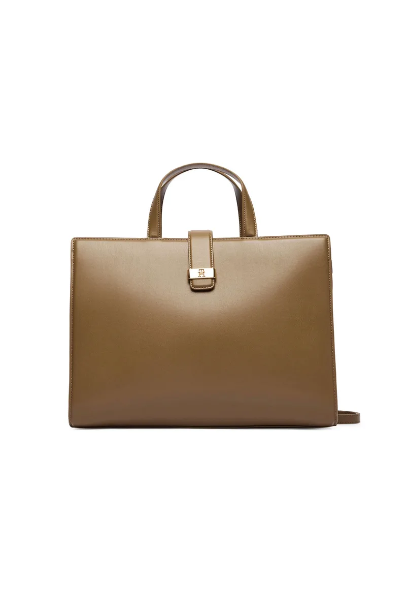 Tommy Hilfiger τσάντα χειρός με μεταλλικό λογότυπο "TH Heritage Satchel" - AW0AW18287 Καφέ