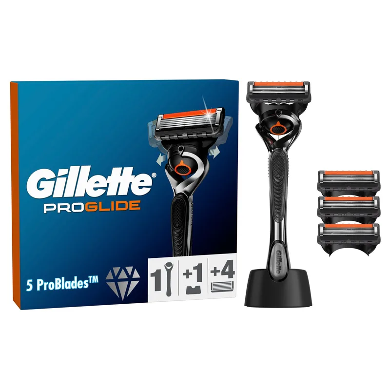 Gillette ProGlide Ξυριστική Μηχανή με 4 Ανταλλακτικά Ξυραφάκια 5 Λεπίδων Κατά της Τριβής για Απίστευτα Απαλό Ξύρισμα & Δώρο Βάση Στήριξης 1 Λαβή, 4 Ανταλλακτικά & Δώρο 1 Βάση Στήριξης