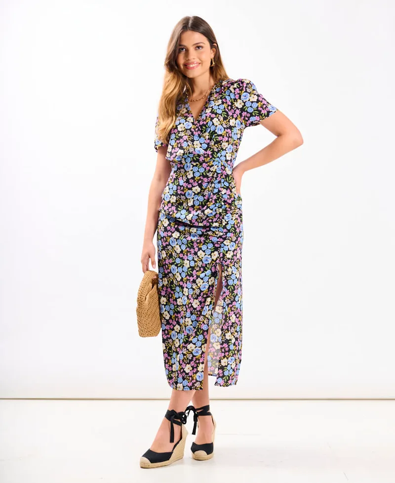 Multicoloured Floral Wrap Midi Dress | Clothing Size: 10