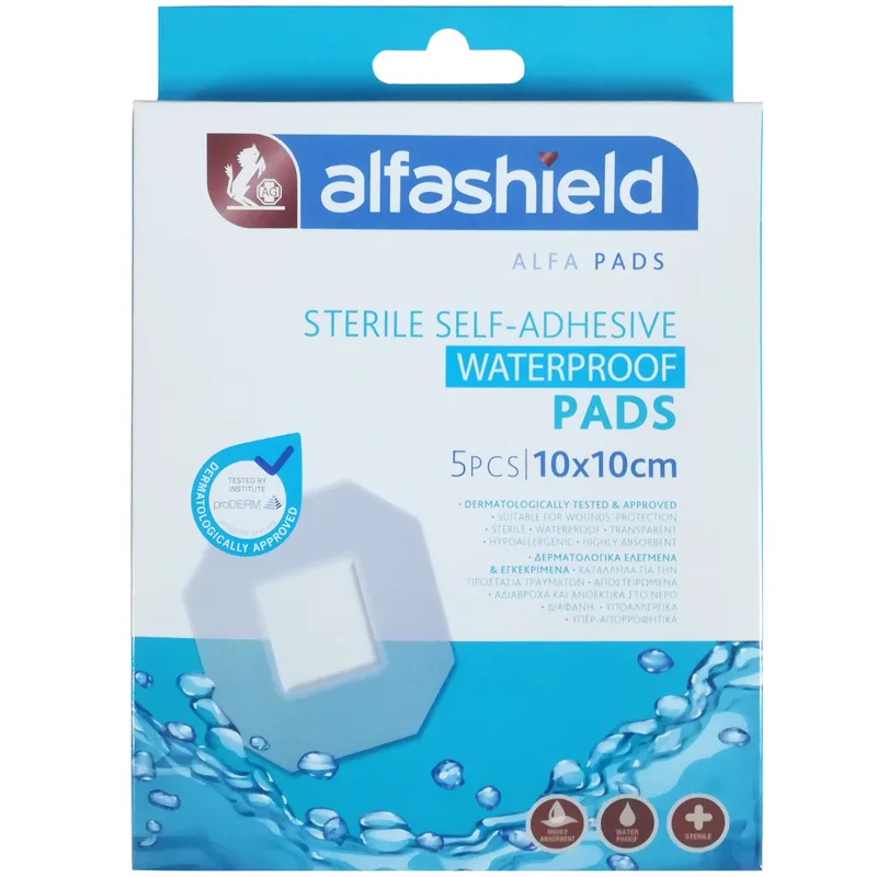 AlfaShield Sterile Self-Adhesive Waterproof Pads Αποστειρωμένα Αδιάβροχα Αυτοκόλλητα Επιθέματα 5 Τεμάχια - 10x10cm