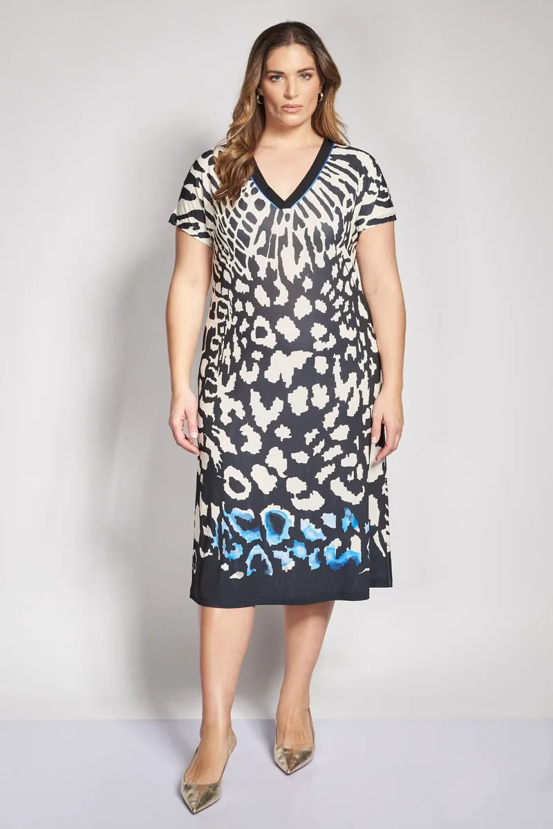 Midi φόρεμα με animal print και V λαιμόκοψη
