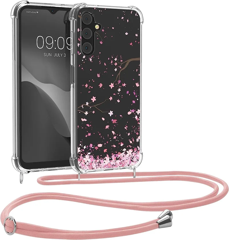 KWmobile Διάφανη Θήκη Σιλικόνης με Λουράκι Λαιμού - Samsung Galaxy A14 - Cherry Blossoms / Cherry Petals / Ροζ / Dark Brown / Transparent (61332.02)