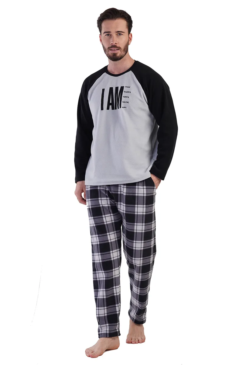 VienettaMan Ανδρική χειμερινή fleece πυζάμα με καρό παντελόνι-305011
