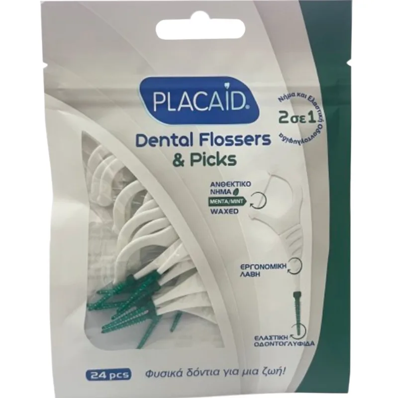 Plac Aid Waxed Mint Dental Flossers & Picks Οδοντικό Ανθεκτικό Νήμα με Γεύση Μέντα & Ελαστική Οδοντογλυφίδα 2 σε 1 - 24 Τεμάχια
