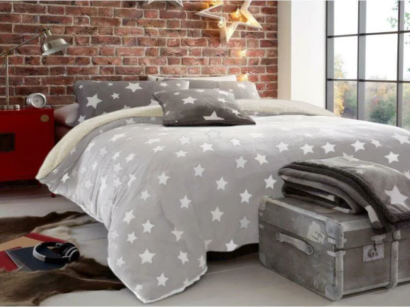 Κουβέρτα Μονή Γκρι Super Soft Flannel Sherpa Αστέρια Γαρύφαλλο 160x220