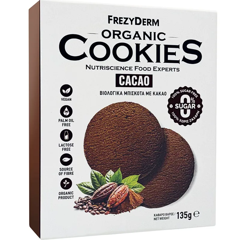 Frezyderm Organic Cookies Βιολογικά Μπισκότα για Παιδιά & Ενήλικες Χωρίς Φοινικέλαιο & Ζάχαρή με Γεύση Κακάο 135g - Cacao