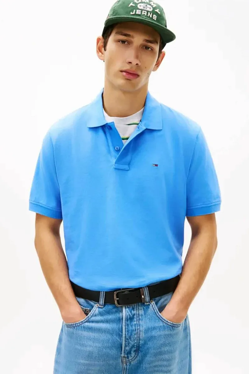 Τommy Jeans ανδρική μπλούζα πόλο μονόχρωμη Regular Fit - DM0DM22711 Γαλάζιο