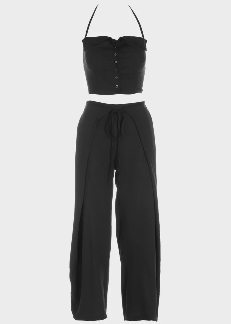 Γυναικείο set crop top με κουμπιά και παντελόνα ΜΑΥΡΟ