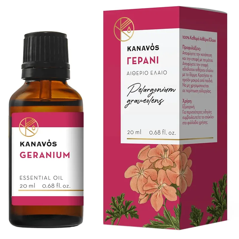 Kanavos Geranium Essential Oil Αιθέριο Έλαιο για Φυσικό Αρωματισμό του Χώρου, Κατάλληλο για Εισπνοές που Προσφέρει Χαλάρωση & Ευεξία 20ml - Γεράνι