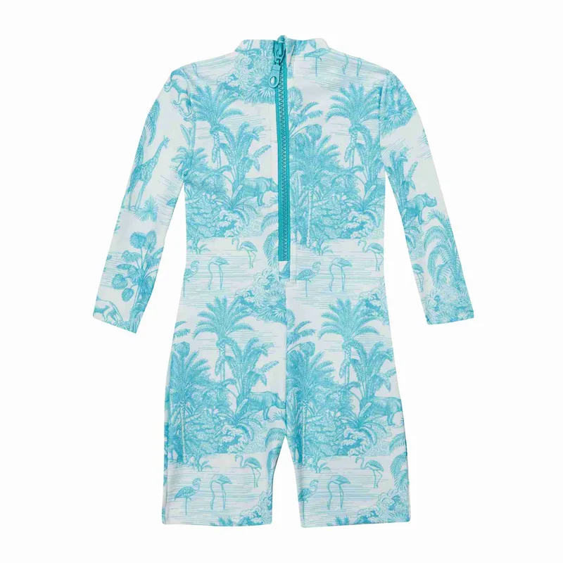 GIRL'S ONE PIECE BODYSUIT LONG SLEEVE JUNGLE TURQUOISE