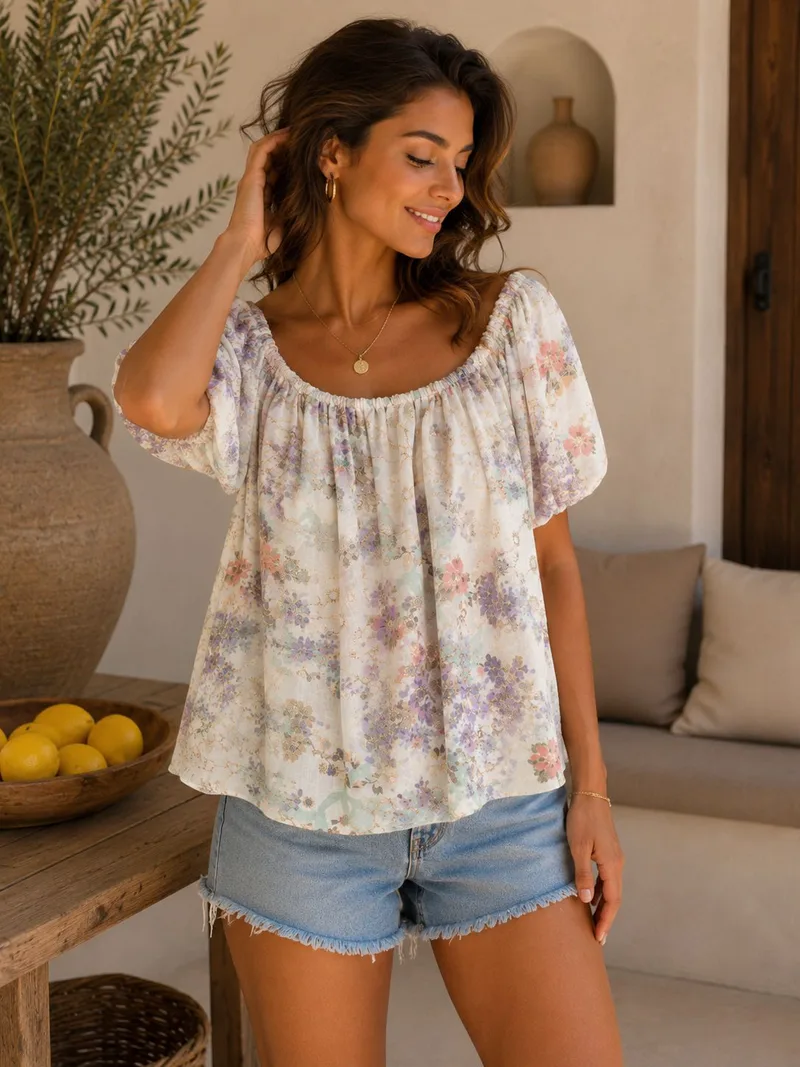 Floral Μπλούζα με Puff Μανίκια – Αέρινη Καλοκαιρινή Μπλούζα Σε Άσπρο | Dress Up Άσπρο