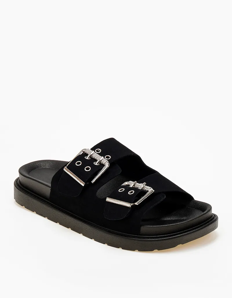 Flatform σανδάλια με ρυθμιζόμενα λουριά και suede υφή - Μαύρο