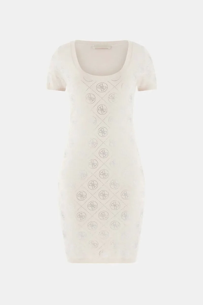 Guess γυναικείο mini πλεκτό φόρεμα με all-over logo print με στρας - W6RK92Z3JD2 Μπεζ