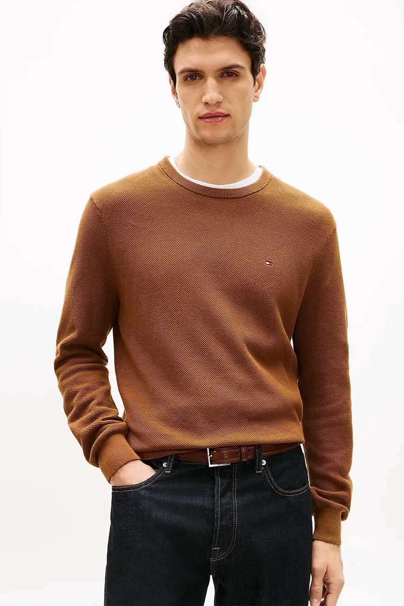 Tommy Hilfiger ανδρικό πουλόβερ textured με κεντημένο λογότυπο Regular Fit - MW0MW36347 Καφέ