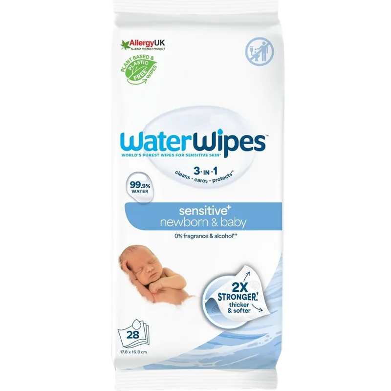 WaterWipes Sensitive+ Newborn & Baby Wipes 0m+ Άοσμα Μωρομάντηλα Καθαρισμού με 99.9% Νερό & 0.01% Εκχύλισμα από Σπόρους Γκρέιπφρουτ 28 Τεμάχια