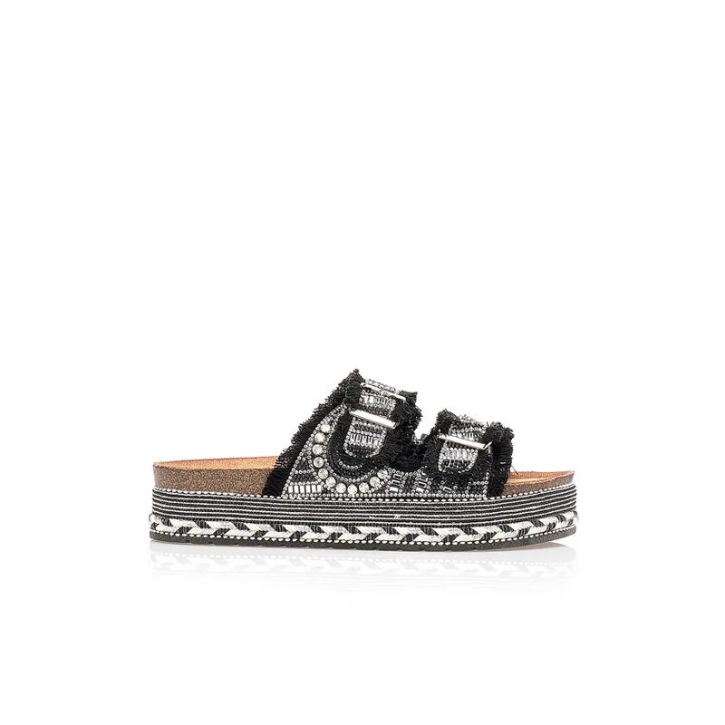 Εσπαντρίγιες TSOUKALAS flatforms μαύρες με ιδιαίτερο σχέδιο και στρας ΜΑΥΡΟ