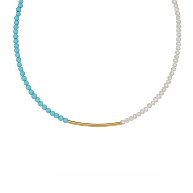 Γυναικείο κολιέ με επίχρυση μπάρα Turqoise & Pearls 925 042060 042060 Ασήμι