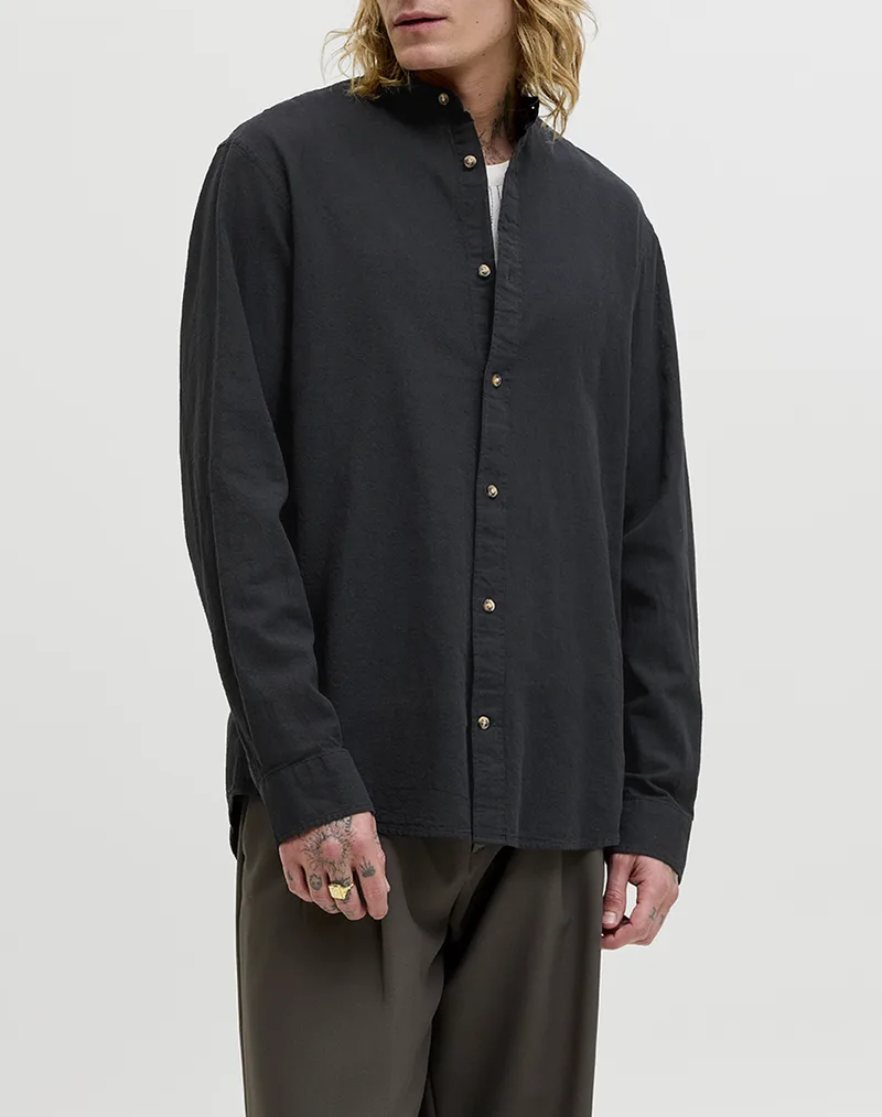 JACK&JONES JJESUMMER LINEN BLEND BAND SHIRT L/S SN 12289184-BLACK JetBlack