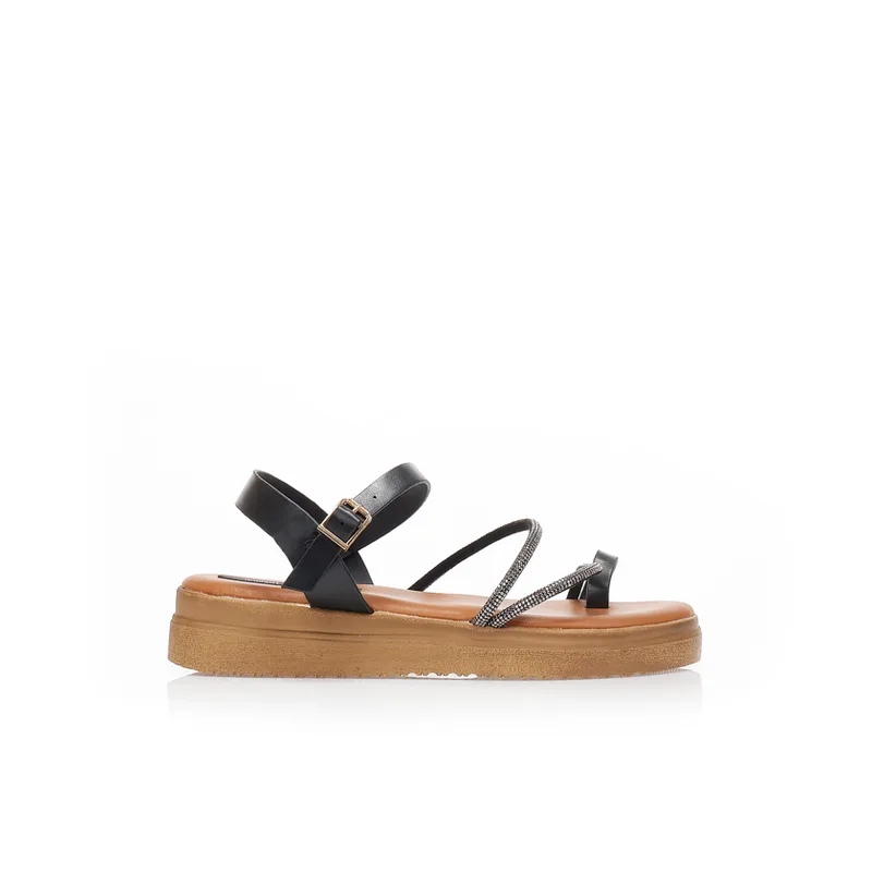 Flatforms μαύρα δερματίνη με λουράκια από στρας και σχέδιο δαχτυλίδι ΜΑΥΡΟ