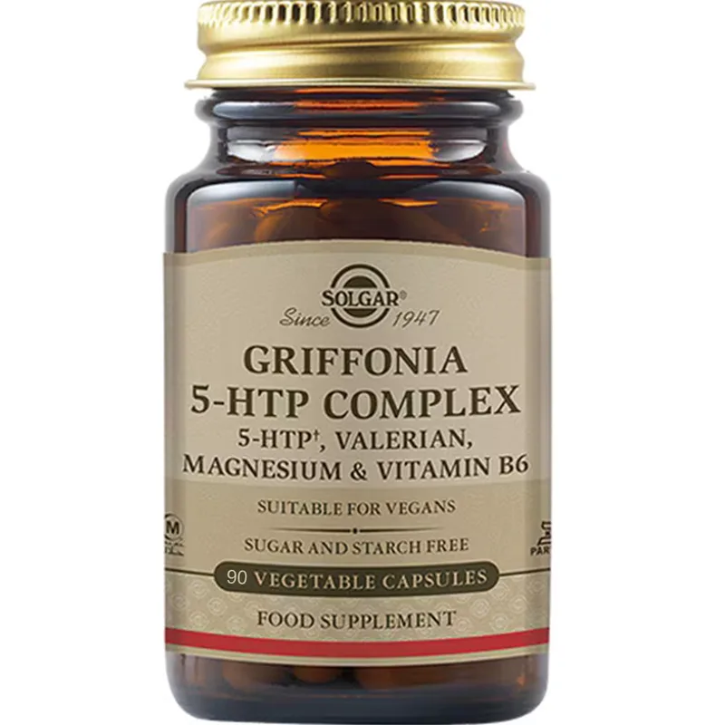 Solgar Griffonia 5-HTP Complex Συμπλήρωμα Διατροφής Εκχυλίσματος του Βοτάνου Griffonia Simplicifolia Πλούσιο σε Αμινοξυ 5-HTP, Βαλεριάνας, Μαγνησίου & Βιταμίνης Β6 για Αντιμετώπιση του Άγχους, Ενίσχυση της Διάθεσης & Καλύτερο Ύπνο 90 Veg.caps