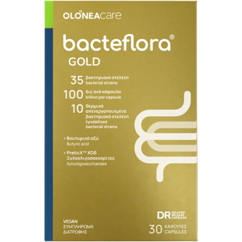 Olonea Bacteflora Χρυσό Synbiotics Συμπλήρωμα Διατροφής με Προβιοτικά & Πρεβιοτικά για την Ισορροπία του Εντερικού Μικροβιώματος 30 MicroCaps