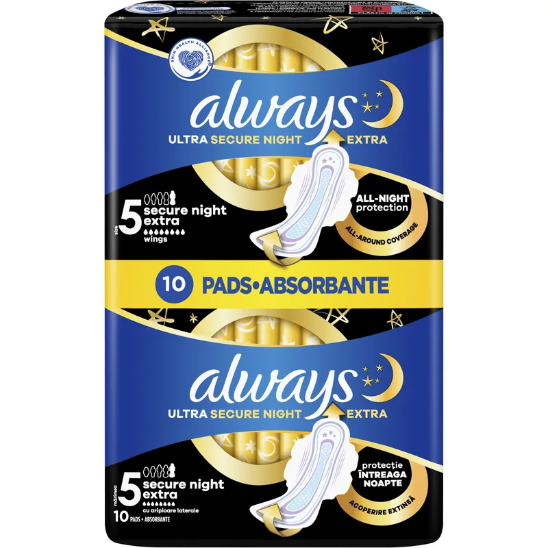 Always Ultra Secure Night Sanitary Towels with Wings Size 5 Σερβιέτες με Φτερά για Πολύ Μεγάλη Ροή & Χρήση Κατά τη Διάρκεια της Νύχτας 10 Τεμάχια