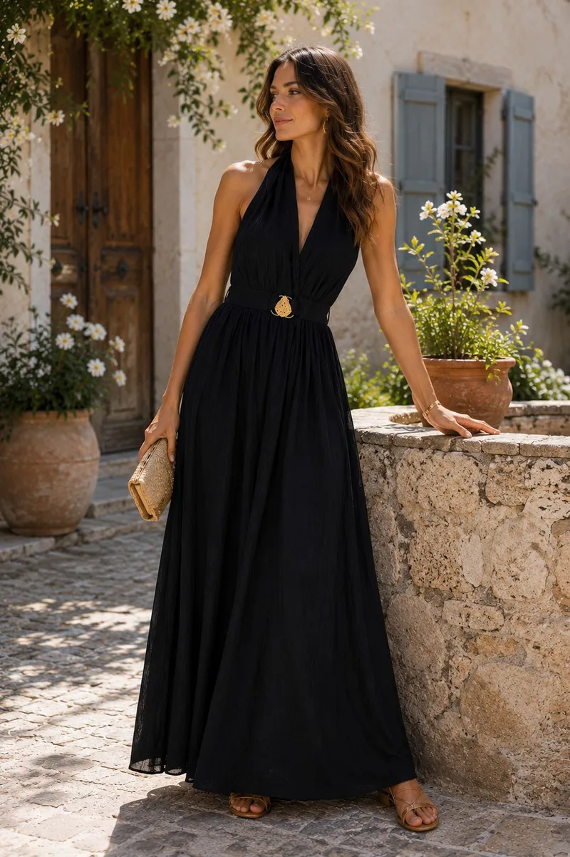 Maxi Φόρεμα Με Ανοιχτή Πλάτη & Elegant Λαιμόκοψη - Μαύρο | Dress Up Μαύρο