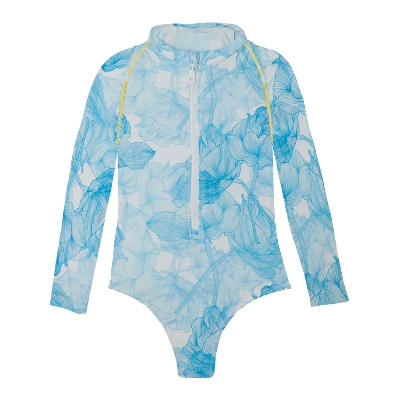GIRL'S ONE PIECE LONG SLEEVE FLOWERS BLUE