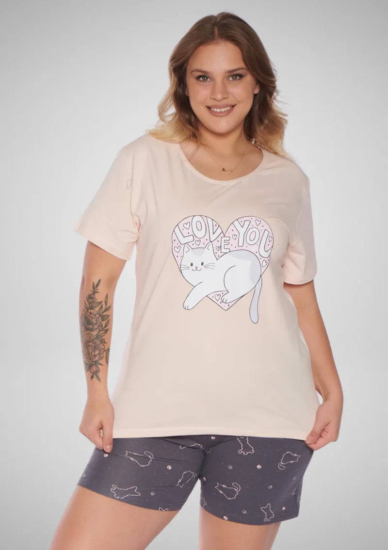 Plus Size Βαμβακερή Πιτζάμα Μπεζ - Μπεζ
