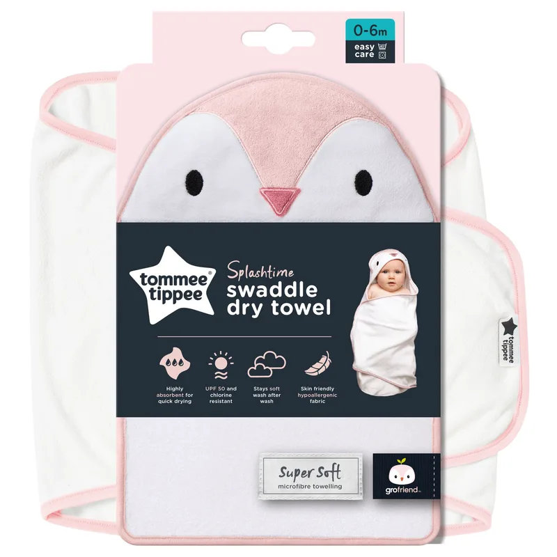 Tommee Tippee Splashtime Swaddle Dry Towel Κωδ CAA1016 Πετσέτα Μπάνιου με Κουκούλα, που Στεγνώνει Γρήγορα 0-6m 1 Τεμάχιο - Penny the Penguin