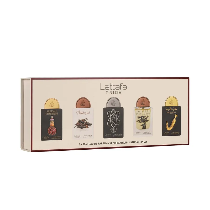 Lattafa Pride Gift Set Collection No.2 Eau De Parfum (Artisan Ethnique 20ml, Natural Oud 20ml, Tharwah Silver 20ml, Eternal Oud 20ml & Ishq Al Shuyukh Χρυσό 20ml)