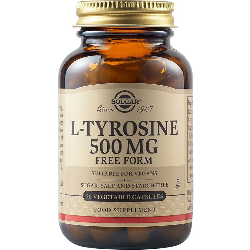 Solgar L-Tyrosine 500mg Συμπλήρωμα Διατροφής Αμινοξέος Τυροσίνης με Αγχολυτικές & Ήπιες Αντικαταθλιπτικές Ιδιότητες για την Καλή Υγεία του Νευρικού Συστήματος 50veg.caps
