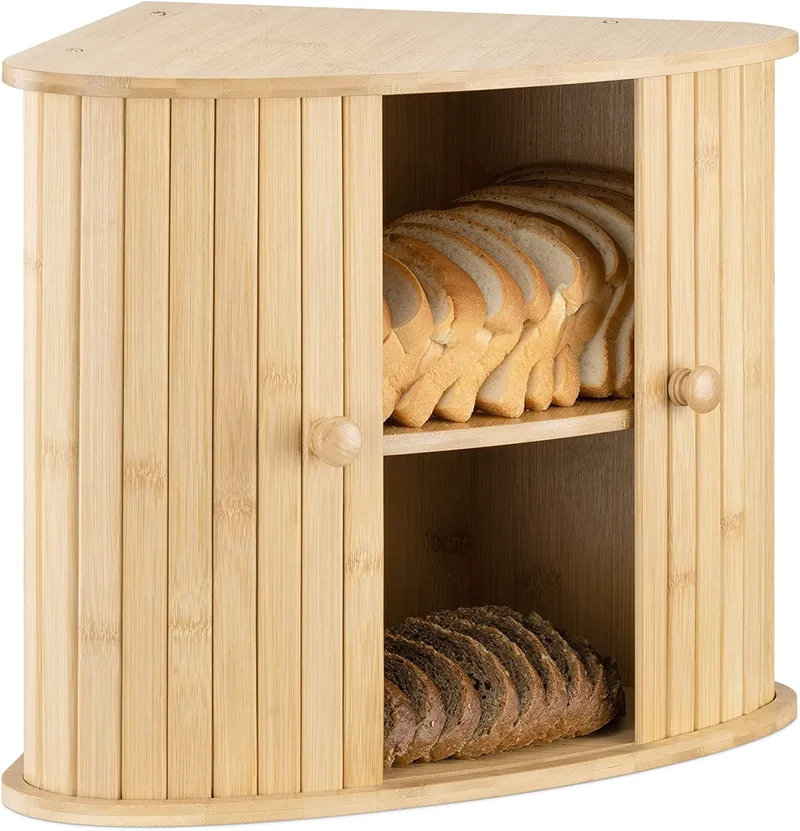 Navaris Bamboo Bread Bin - Γωνιακή Ψωμιέρα Δύο Επιπέδων από Μπαμπού με Συρόμενες Μπροστινές Πόρτες - Brown (54972.01)
