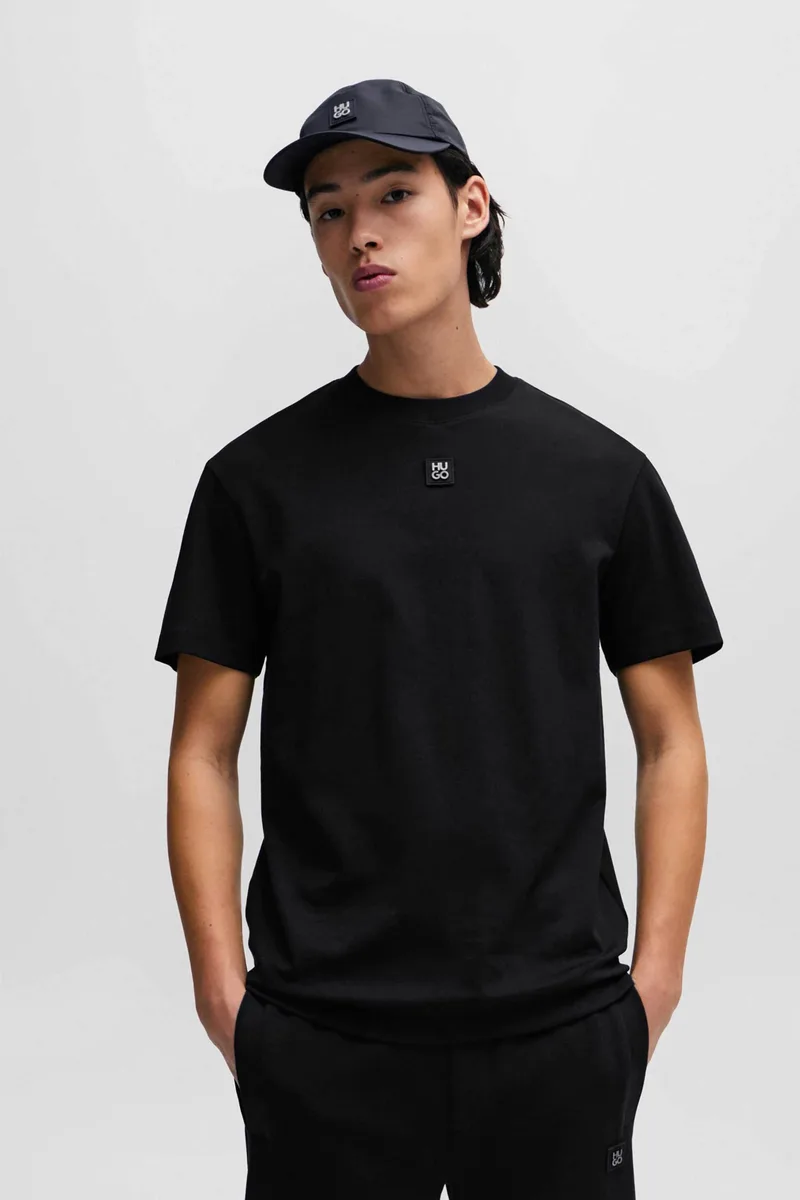 Hugo Boss ανδρικό βαμβακερό T-shirt μονόχρωμο με ανάγλυφο logo patch "Dalile" - 50505201 Μαύρο
