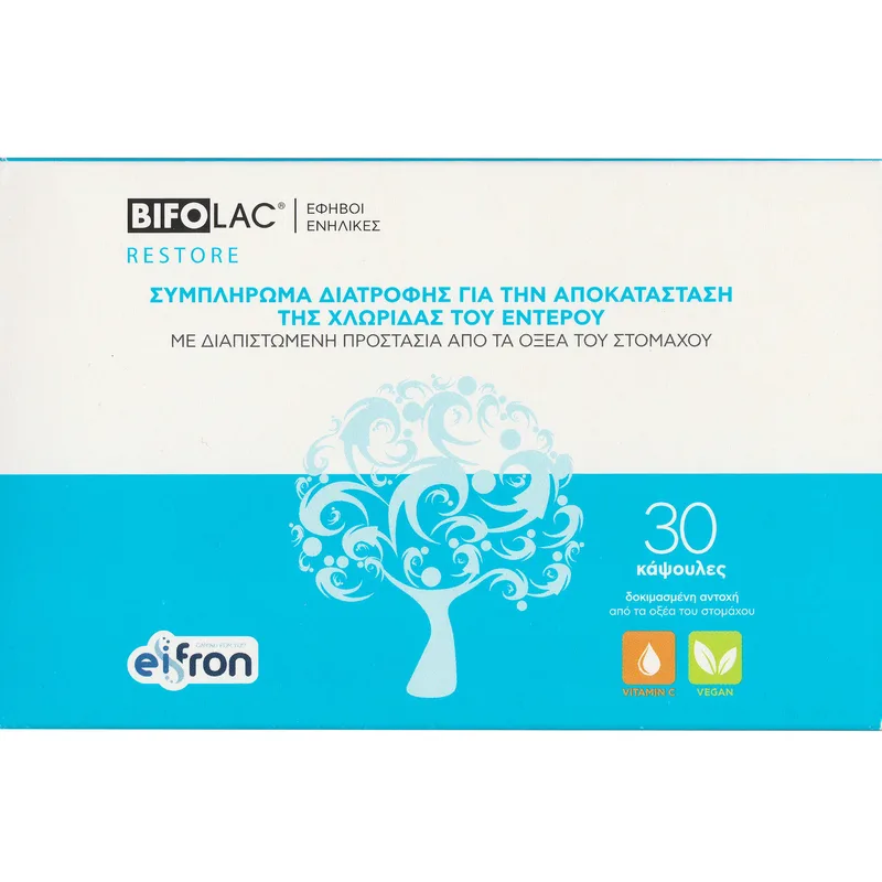 Bifolac Restore Συμπλήρωμα Διατροφής Προβιοτικών, Πρεβιοτιών & Βιταμίνης C για την Καλή Λειτουργία του Γαστροπεπτικού Συστήματος & Αποκατάσταση της Εντερικής Μικροχλωρίδας 30caps