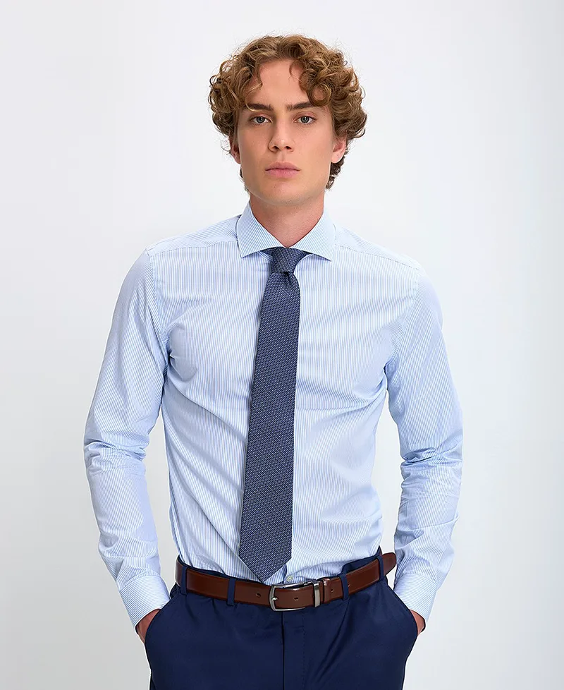 Corneliani Ανδρικό Πουκάμισο Slim Fit 100% Βαμβάκι Ριγέ Γαλάζιο