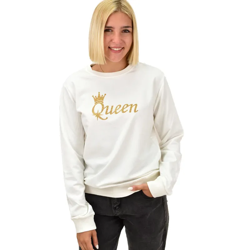 Basic φούτερ με χρυσό τύπωμα QUEEN Λευκό 17610