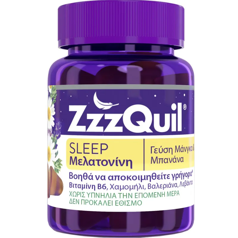 ZzzQuil Sleep Melatonin Συμπλήρωμα Διατροφής Μελατονίνης, Βιταμίνης Β6 & Εκχυλίσματος Βοτάνων για Γρηγορότερο & Ποιοτικότερο Ύπνο με Γεύση Μάνγκο & Μπανάνα 30 Ζελεδάκια