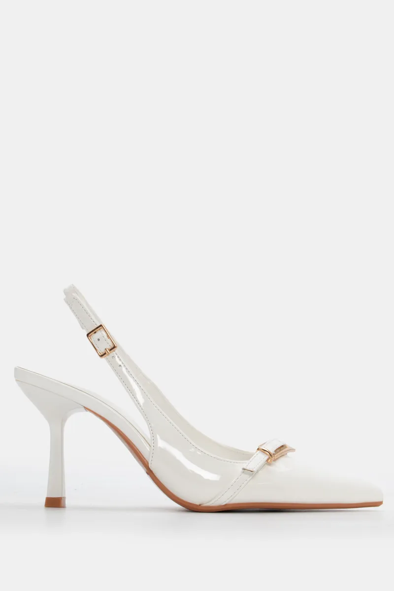 Γόβες Μυτερές Slingback με Διακοσμητική Τόκα - Λευκό-Λουστρίνι