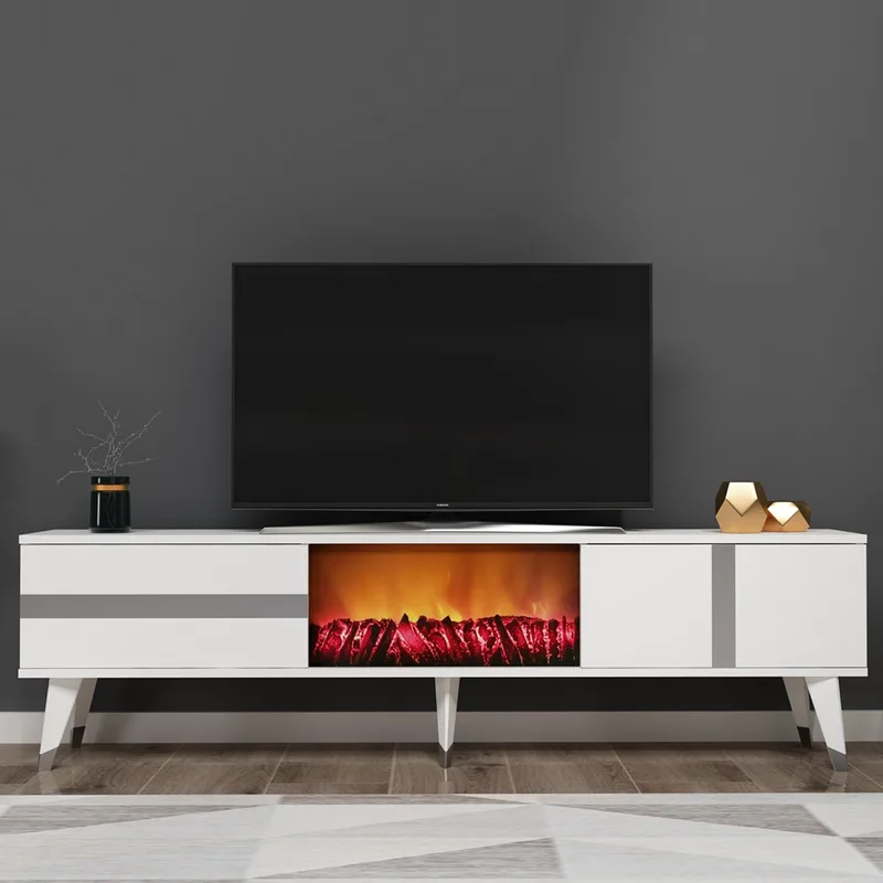 Έπιπλο Τηλεόρασης Vania Fireplace - White, Silver 475Olv2654 (150x50x29,6 cm)