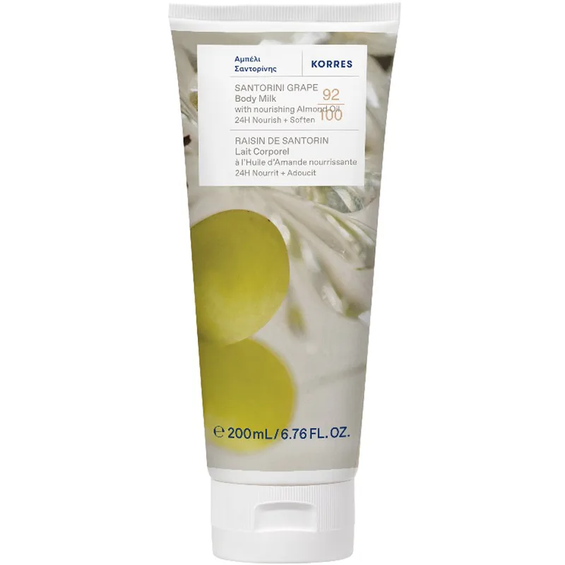 Korres Santorini Grape & Nourishing Almond Oil Body Milk Απαλό Γαλάκτωμα Σώματος με Φρέσκο Φρουτώδες Άρωμα Σταφυλιών, Μούρων & Βιολέτας με Δροσιστικές Νότες Λαϊμ & Αμυγδαλέλαιο 200ml