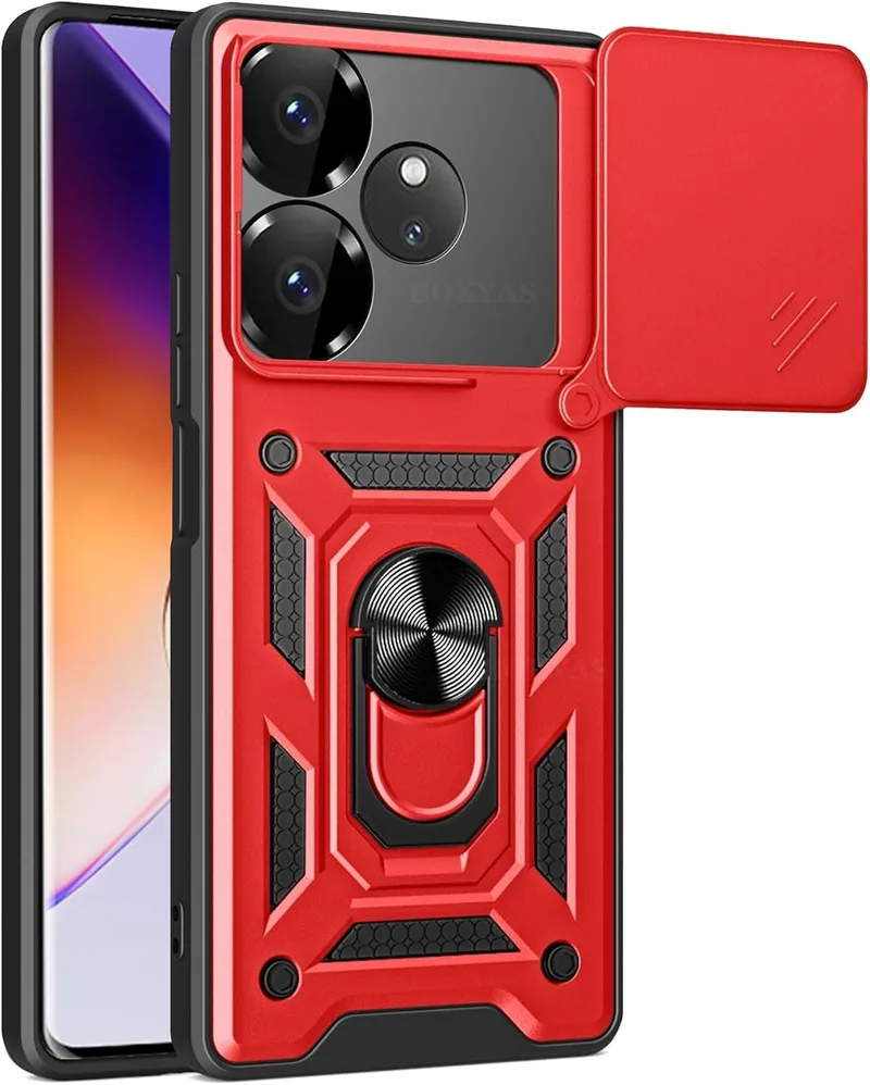 Θήκη Realme GT 6 / GT 6T - Bodycell Armor Slide Ανθεκτική με Κάλυμμα για την Κάμερα & Μεταλλικό Ring Holder - Red (5206015078828)