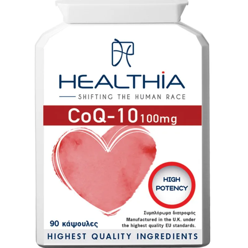 Healthia CoQ-10 High Potency 100mg Συμπλήρωμα Διατροφής με Συνένζυμο Q10 Υψηλής Ισχύος & Βιταμίνη Β1 για Παραγωγή Ενέργειας, Αντιοξειδωτική Προστασία & την Καλή Λειτουργία της Καρδιάς - Κυκλοφοριακού Συστήματος 90caps