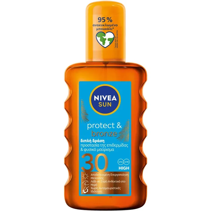 Nivea Sun Protect & Bronze Oil Spf30 Spray Activates Natural Tan Αντηλιακό Λάδι Σώματος σε Μορφή Σπρέι Υψηλής Προστασίας για Ενεργοποίηση της Φυσικής Διαδικασίας Μαυρίσματος της Επιδερμίδας 200ml