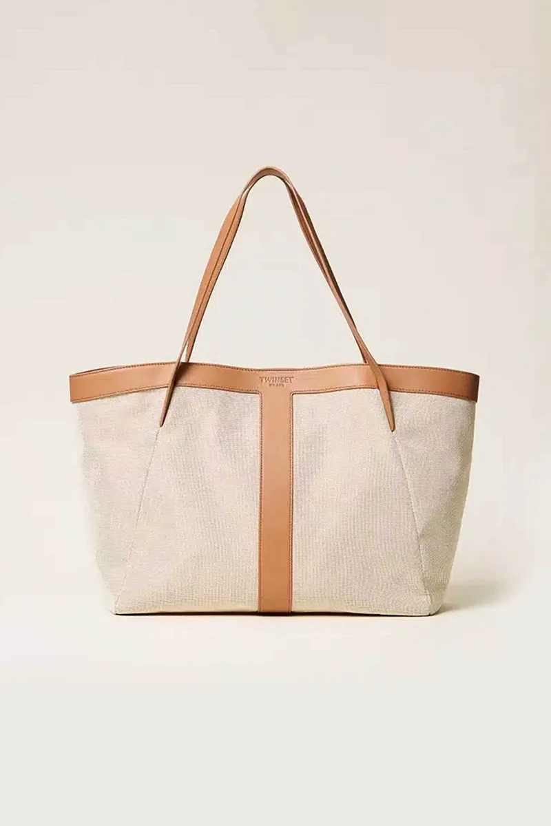 Twinset γυναικεία τσάντα ώμου shopper με φινίρισμα από δέρμα - 261TD8530 Μπεζ