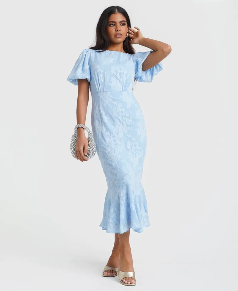 Blue Jacquard Shimmer Puff Sleeve Midi Dress | Clothing Size: 10