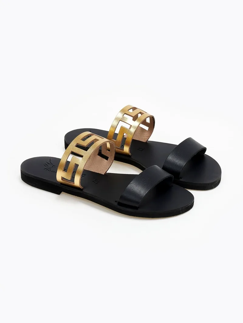 IRIS Leather Sandals Perforated Band - 8/3 - Black/Gold